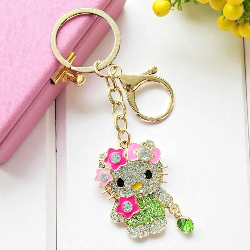 Cute Green And Clear Crystal Flower Hello Kitty Keychain